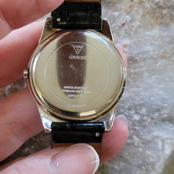Vintage GUESS Crystal Bezel Watch Black Leather Strap Silver Dial Glam Chic Lux main image 5